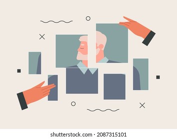 Psychotherapy, therapy, mental health. Head of a man broken into pieces, hands putting them together. Psychological help, support, psychiatry concept. Isolated flat vector illustration