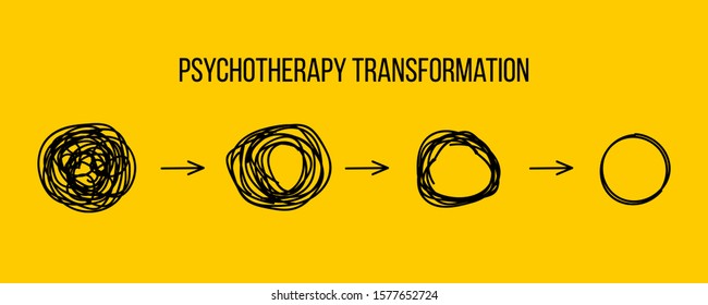 Psychotherapy transformation. Transform, change, evolution icon. Psychoanalysis therapy. Doodle development. Problem solving, thinking, unraveling tangled tangle. Hand drawn business strategy concept.