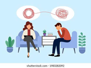 Psychotherapy treatment concept vector illustration. Male patient counseling with psychotherapist doctor at hospital.