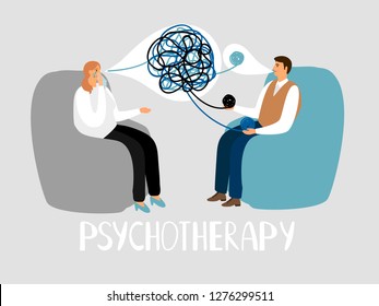 Psychotherapy, treatment of mental problems. Psychotherapist listens to patient and unravels tangle. Vector illustration