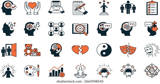 Psychotherapy Types line icon set. Vector pictograms of therapy methods, approaches, mental health treatments, cognitive, behavioral, humanistic, positive psychology gestalt thin linear illustration