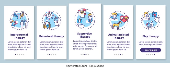 Psychotherapy types onboarding mobile app page screen with concepts. Interpersonal, supportive therapy walkthrough 5 steps graphic instructions. UI vector template with RGB color illustrations
