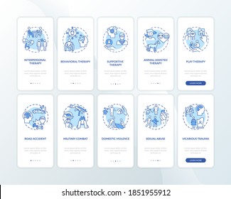 Psychotherapy types and PTSD reasons onboarding mobile app page screen with concepts set. Trauma therapy walkthrough 5 steps graphic instructions. UI vector template with RGB color illustrations