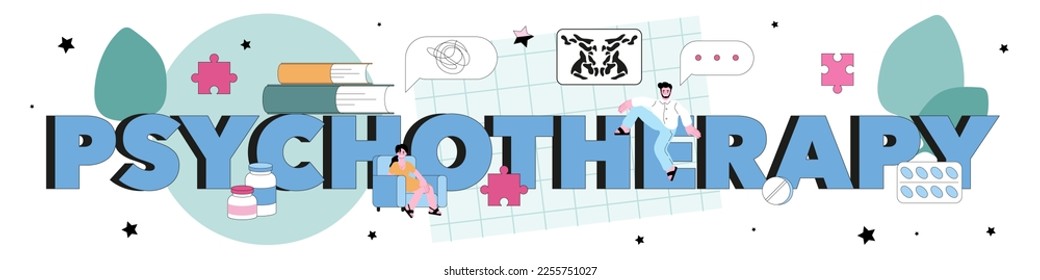Psychotherapy typographic header. Mental health diagnostic and treatment. Thoughts and emotions analysis, panic attack managing. Flat vector illustration