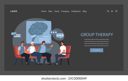 Psychotherapy web banner or landing page dark or night mode. Psychiatrist consulting a patient on mental health disorders. Thoughts and emotions analysis. Group therapy. Flat vector illustration