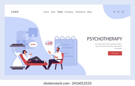 Psychotherapy web banner or landing page. Psychiatrist consulting patient on mental health disorders. Thoughts and emotions analysis. Group, drug, art and animal therapy. Flat vector illustration