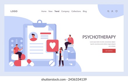 Psychotherapy web banner or landing page. Psychiatrist consulting a patient on mental health disorders. Thoughts and emotions analysis. Drug therapy. Flat vector illustration