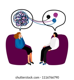 Psychotherapy. Woman psychologist with tangled and untangled brain metaphor, society psychiatry concept vector illustration