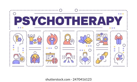 Psychotherapy word concept isolated on white. Mental health. Therapy session. Online counseling. Creative illustration banner surrounded by editable line colorful icons