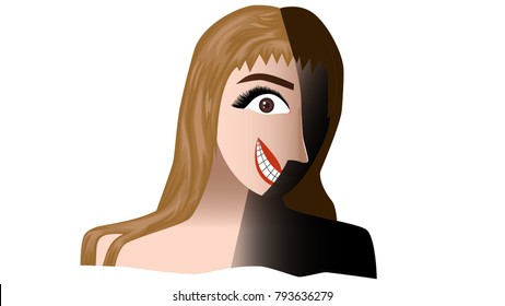 A psychotic smiling face of a woman looking towards viewer with half color and half shadow face. EPS Vector.