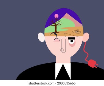 psycological disorder man head with desert inside, something broken, electric plug not connected