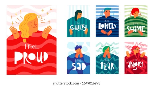 Psycological emotion posters. Set of cards. I feel proud, guilty, lonely, shame, sad, fear, angry. Vector illustrations. 