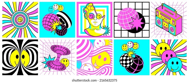 Psydub 90s psychedelic trippy stickers. Rave acid set of surreal backgrounds and trip square social media posts with fun surreal vortex geometry. Vector art and signs. Weird 90s style.