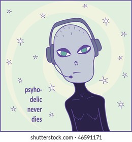 psyhodelic design with alien woman Dj, vector