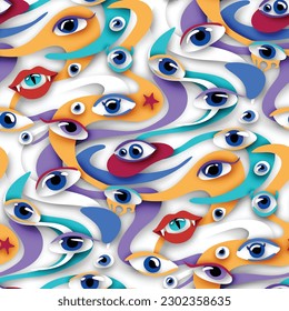 Psyhodelical Pattern with Thousand Eyes Looking Into the Soul, Witchcraft Vibes. Surreal Design on White. Pop Art Cartoon Style with Stains. Seamless Pattern, Endless Texture. Vector 3d Illustration