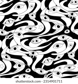 Psyhodelical Pattern with Thousand Eyes, Witchcraft Vibes. Surreal Design on Black. Pop Art Cartoon Style. Seamless Pattern, Endless Texture. Vector Contour Illustration. Coloring Book