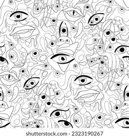 Psyhodelical Pattern with Thousand Eyes, Witchcraft Vibes. Surreal Design on White. Pop Art Cartoon Style. Seamless Pattern, Endless Texture. Vector Contour Illustration. Coloring Book