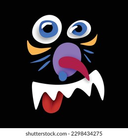 Psyhodelical Print with Bully Monster Face. Surreal Design on Black. Pop Art Cartoon Style with Stains. Single Design Element. Vector 3d Illustration