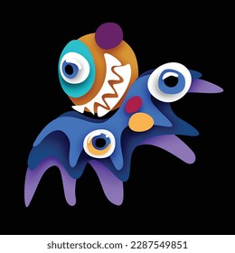 Psyhodelical Print with Flying Monster Vibes. Surreal Design on Black. Pop Art Cartoon Style with Stains. Single Design Element. Vector 3d Illustration