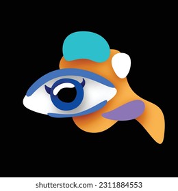 Psyhodelical Print with Monster Eye on Blots. Surreal Design on Black. Pop Art Cartoon Style with Stains. Single Design Element. Vector 3d Illustration