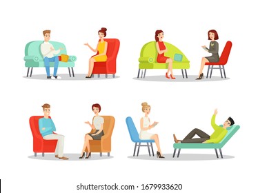 Psyhologist appointment, mental care color flat vector illustration collection