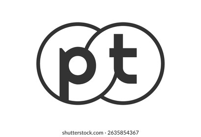 PT business company emblem with outline rounds and letters p t. Logo template of two merged circles for brand identity, logotype. Vector Infinity symbol  and technology sign.