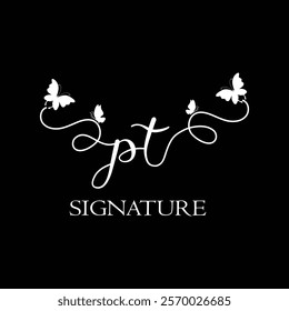 PT Handwritten initial letter, PT simple signature vector logo with butterfly shape variation, beauty, photography letter logo design. P T