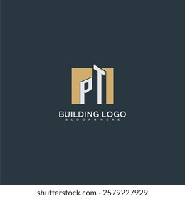 PT initial letter building logo for real estate with square design