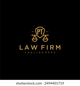 PT initial monogram for lawfirm logo with scales and shield luxury image