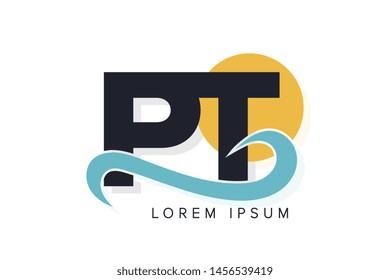 PT letter logo with ocean waves and sunset. Beach concept design