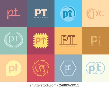PT logo company template. Letter p and t logotype. Set different classic serif lettering and modern bold text with design elements. Initial font typography. Collection trendy business identity.
