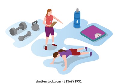 pt personal trainer health for health sport with woman female with modern isometric style