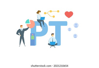 PT, Physical Therapy. Concept with keyword, people and icons. Flat vector illustration. Isolated on white.