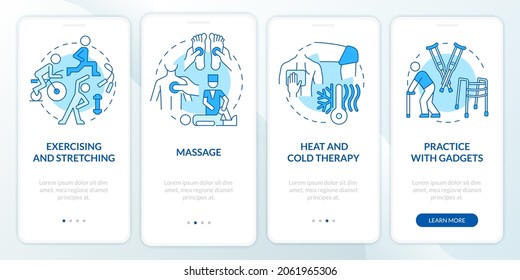 PT treatments blue onboarding mobile app page screen. Physical health. Physiotherapy walkthrough 4 steps graphic instructions with concepts. UI, UX, GUI vector template with linear color illustrations
