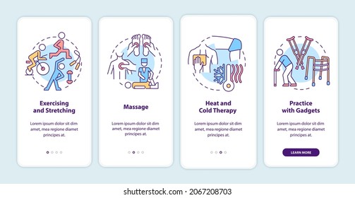 PT treatments onboarding mobile app page screen. Physical health. Physiotherapy walkthrough 4 steps graphic instructions with concepts. UI, UX, GUI vector template with linear color illustrations