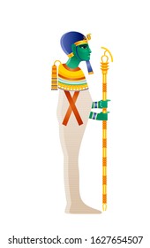 Ptah Egyptian god, demiurge of Memphis, creator deity. Ancient Egyptian god of craftsmen, architects. God with green skin in muumy shroud with Djed pillar. 3d realistic vector illustration isolated