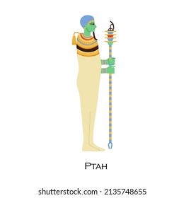 Ptah, old Egyptian god, patron of creators, craftsmen. Ancient Egypts deity profile. Religious historical character from myths, history. Flat vector illustration isolated on white background