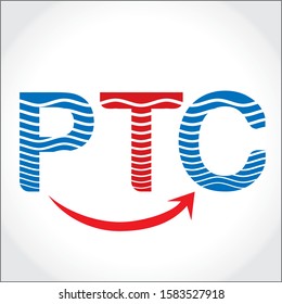 PTC P T C INITIAL LETTER LOGO WITH ARROW ELEMENT (symbol of forward moving business)  AND WAVES IN LETTERS BLUE AND RED COLOR