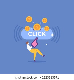 PTC or Paid to click. PPC or Pay Per Click. earn money from clicking links. a man presses a button to dispense coins. online money maker. illustration concept design. graphic elements