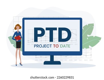 PTD - Projekt bis dato. Akronym Business-Konzept. Vektorgrafik-Konzept mit Schlagwörtern und Symbolen. Buchstabengrafik mit Symbolen für Webbanner, Flyer, Landing Page, Präsentation