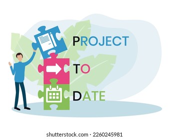 PTD - proyecto hasta la fecha. concepto de negocios de siglas. concepto de ilustración vectorial con palabras clave e iconos. ilustración con iconos para banner web, volante, página de inicio, presentación
