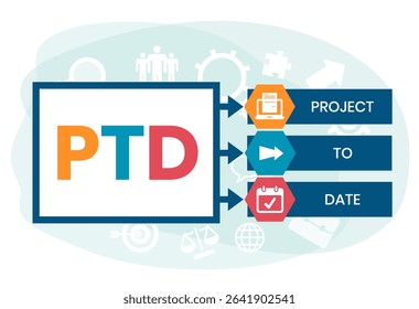 PTD - project to date. acronym business concept. vector illustration concept with keywords and icons. lettering illustration with icons for web banner, flyer, landing page, presentation