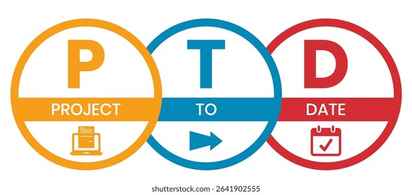PTD - project to date. acronym business concept. vector illustration concept with keywords and icons. lettering illustration with icons for web banner, flyer, landing page, presentation
