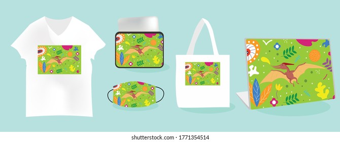 Pteranodon background with Mockup templates vector illustration. tote bag, pouch, t-shirt, mask, skin laptop