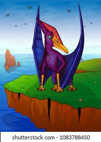 Pteranodon the background of the sea. Vector illustration.