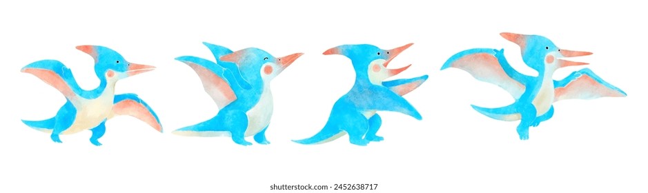 Pteranodon . Cute dinosaur cartoon characters . Watercolor paint design . Set 18 of 20 . Vector .