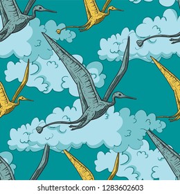Pteranodon Dinosaur in its habitat. Jurassic and Cretaceous animal flying in the sky. Prehistoric vector dino seamless pattern.