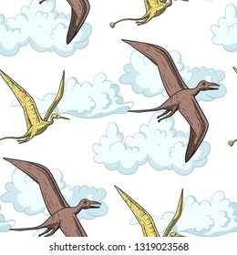 Pteranodon Dinosaur in its habitat. Jurassic and Cretaceous animal flying in the sky. Prehistoric vector dino seamless pattern.