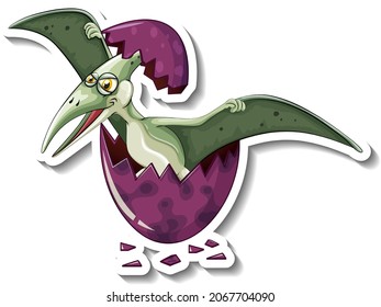 Pteranodon dinosaur hatching from an egg cartoon character sticker illustration