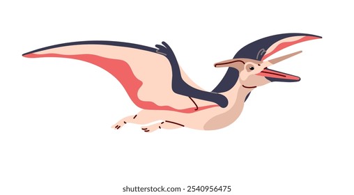 Pteranodon in the flight. Pterodactyl with open jaw flies. Pterosaur, flying dinosaur. Dino with wings, ancient reptile. Jurassic monster. Paleontology. Flat isolated vector illustration on white